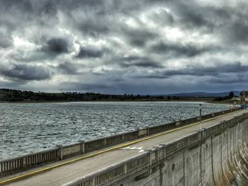 Scenic view of river against cloudy sky