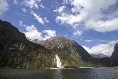 Scenic view of mountain by sea against sky