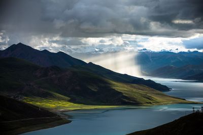 Scenic view of lake and mountains against sky