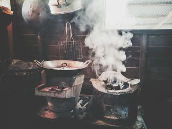Panoramic shot of meat cooking on barbecue grill