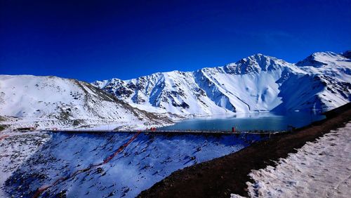 Scenic view of snowcapped mountains against clear blue sky