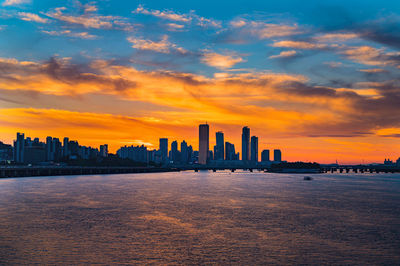 View of buildings against cloudy sky during sunset