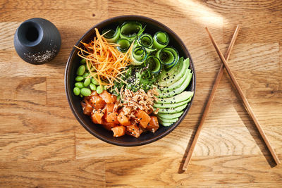 High angle view of food in bowl on table