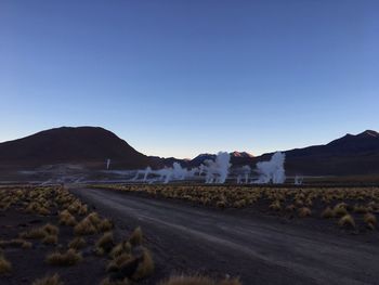 Scenic view of desert against clear blue sky