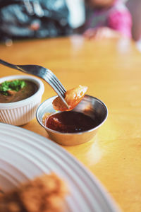 High angle view of bread in bowl on table