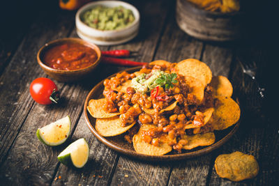 High angle view of food in plate on table