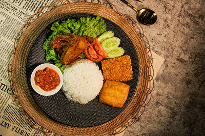 High angle view of food in plate on table