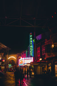 People walking on illuminated street at night