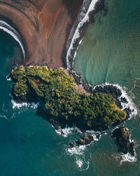 High angle view of sea by rock formation with vegetation