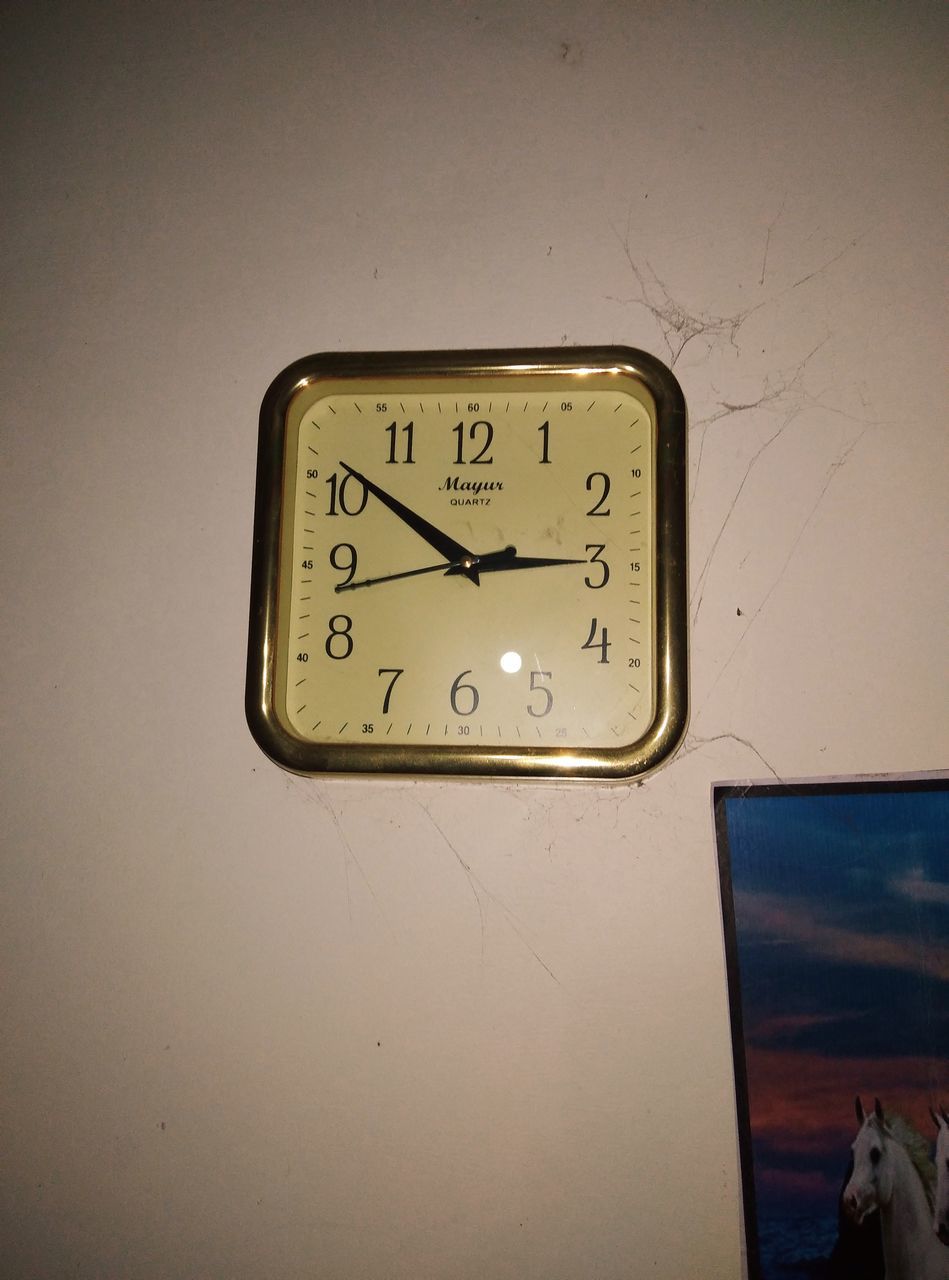 clock, time, wall - building feature, no people, indoors, clock face, number, alarm clock, white, instrument of time, yellow, wall clock, wall