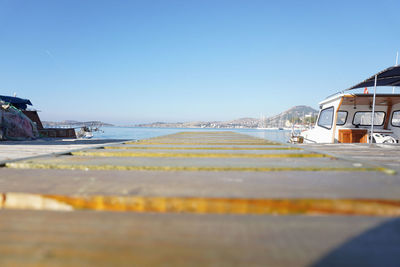 Close-up of beach against clear blue sky