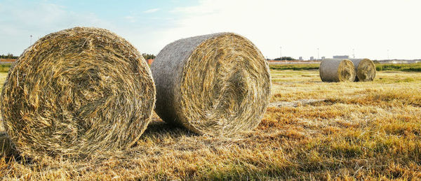 Hay bales on field against sky