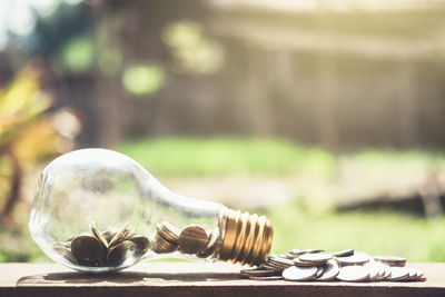 Close-up of coins spilling from light bulb on table