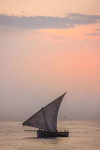 Sailboat sailing on sea against sky during sunset