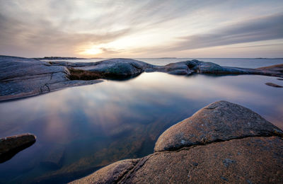 Scenic view of lake against sky during sunset