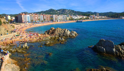 High angle shot of calm blue sea against built structures