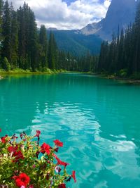 Scenic view of lake by mountains against sky