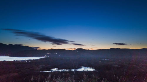 Scenic view of snowcapped mountains against sky at sunset