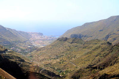 High angle view of mountains against clear sky