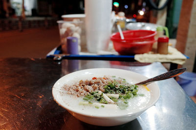 Close-up of soup in bowl on table