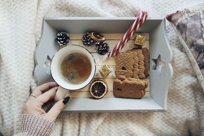 High angle view of breakfast on table