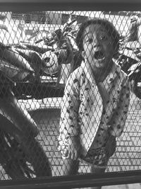 People standing by chainlink fence