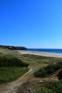 Scenic view of sea against clear blue sky