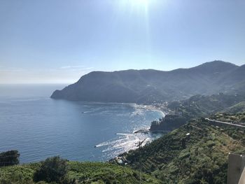 Scenic view of sea and mountains against sky