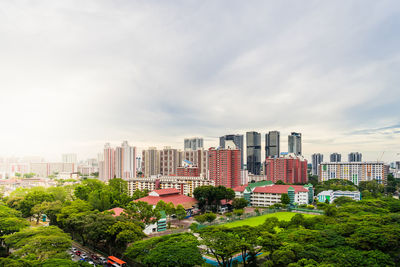 Trees and cityscape against sky
