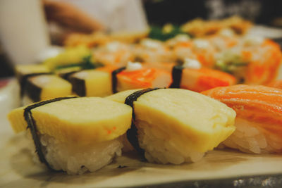 Close-up of sushi served in plate