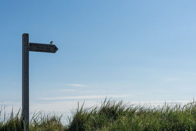 Low angle view of sign on field against sky