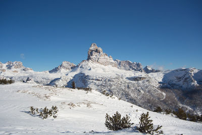 Scenic view of snowcapped mountains against clear blue sky