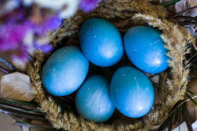 High angle view of eggs in basket