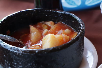 High angle view of ice cream in bowl on table