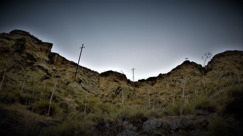 Low angle view of rocky mountains against sky