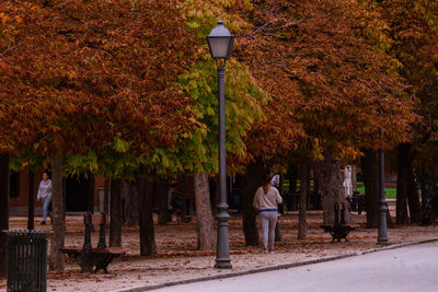 Rear view of people walking on street in park