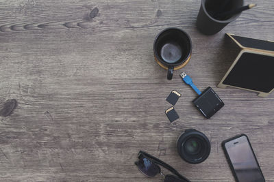 High angle view of coffee cup on table