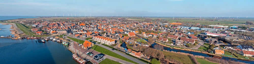 Aerial panorama from the historical town makkum in friesland the netherlands