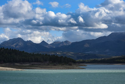 Scenic view of lake and mountains against sky