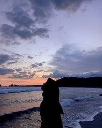 Silhouette man standing on beach against sky during sunset