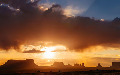 Scenic view of sea against dramatic sky during sunset