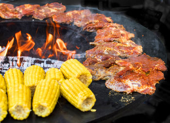 Close-up of meat on barbecue grill