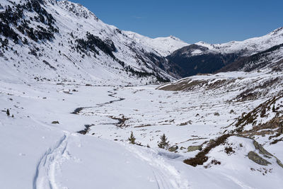 Scenic view of snow covered mountains against sky