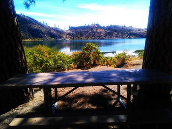 Scenic view of lake by trees against sky