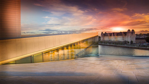 Oslo opera house against cloudy sky during sunset