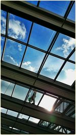 Low angle view of modern building against cloudy sky