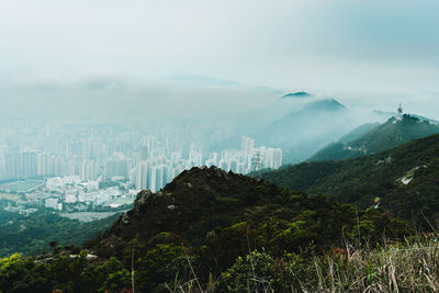 Scenic view of mountains and buildings against sky