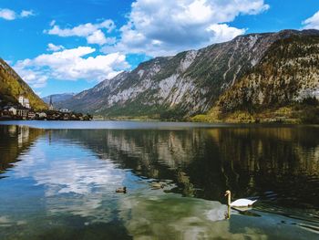 Scenic view of lake by mountains against sky