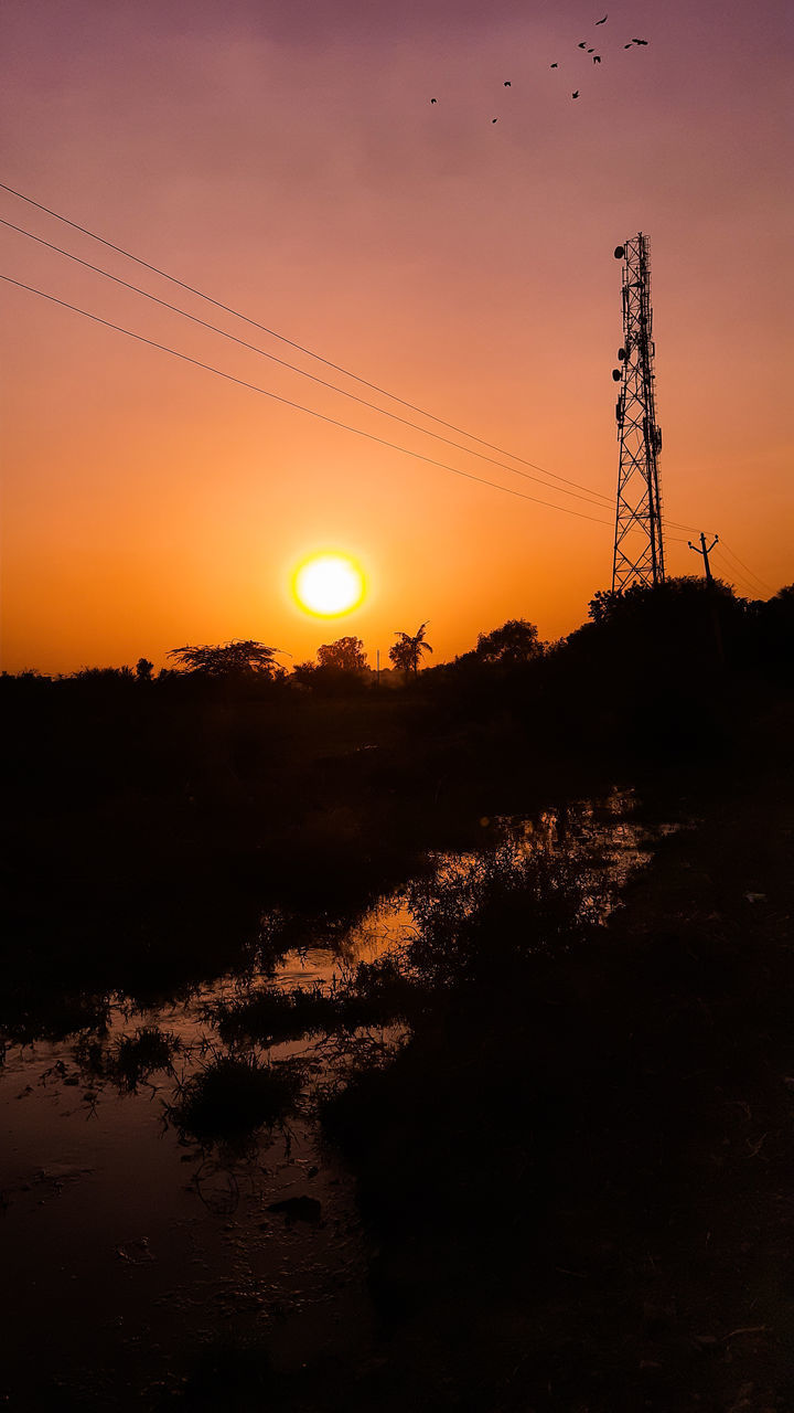 SILHOUETTE PLANTS ON FIELD AGAINST ORANGE SKY