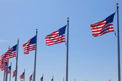 Low angle view of flags against sky